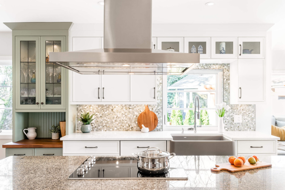 Mid-sized transitional galley eat-in kitchen photo with shaker cabinets and an island