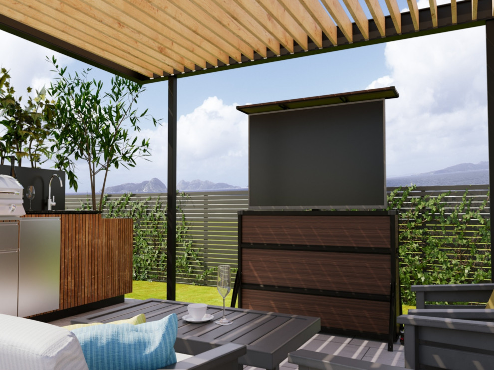 Outdoor kitchen patio with hidden outdoor TV lift cabinet