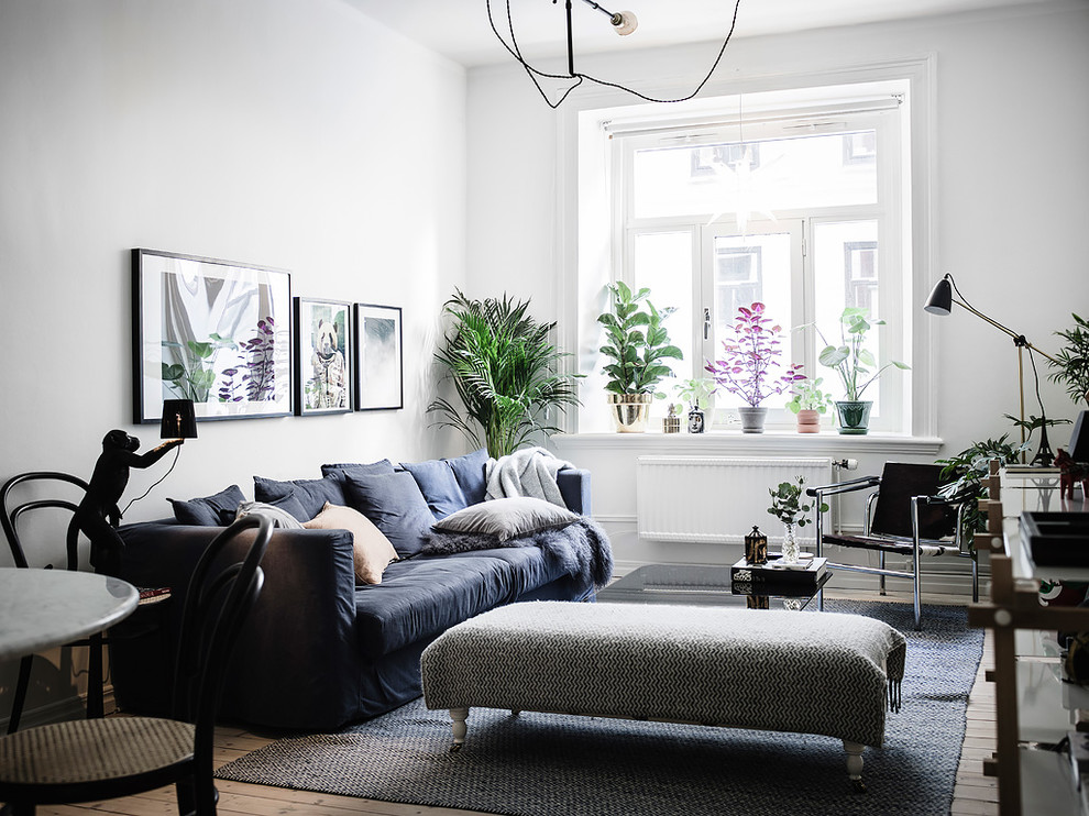 Small scandinavian formal open concept living room in Gothenburg with white walls, light hardwood floors, no fireplace, no tv and beige floor.
