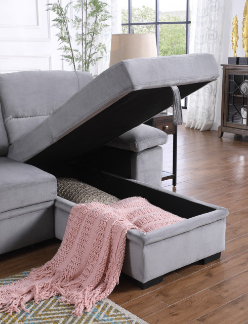 Kipling Velvet Fabric Reversible Sleeper Sectional Sofa Chaise ...