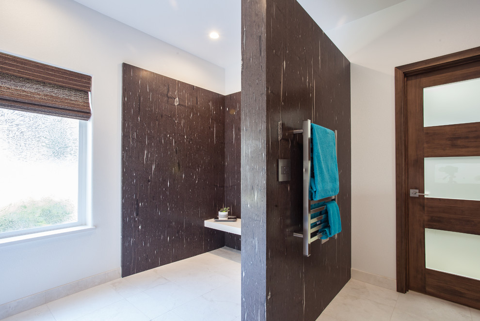 This is an example of a large contemporary master bathroom in Other with flat-panel cabinets, dark wood cabinets, an open shower, brown tile, stone slab, white walls, marble floors, an undermount sink, engineered quartz benchtops, white floor, an open shower and white benchtops.