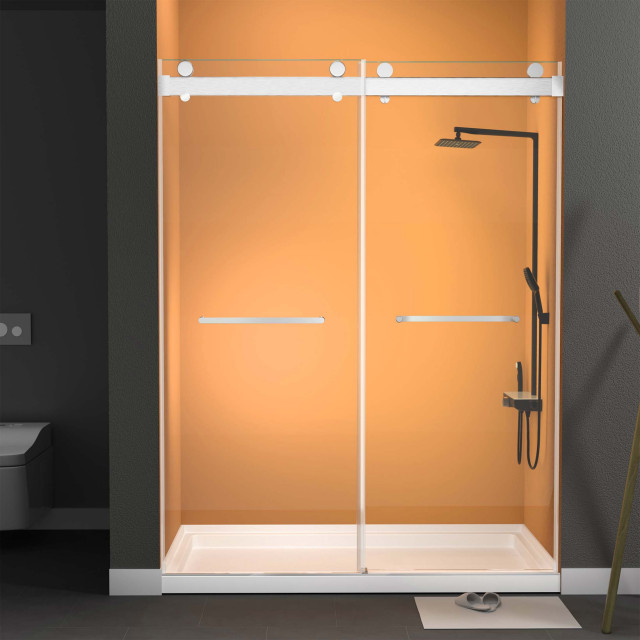 56" 60" W Brushed Nickel Frameless Shower Door with Upgraded Soft