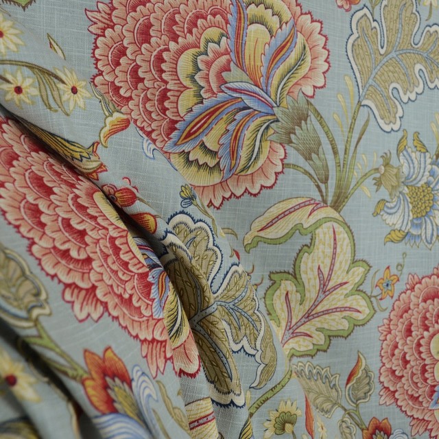 Meadowlark Surf Floral Blue Jacobean Fabric Traditional Drapery Fabric by The Fabric Co