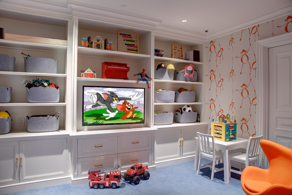 Inspiration for a transitional gender-neutral kids' playroom in New York with multi-coloured walls and carpet.