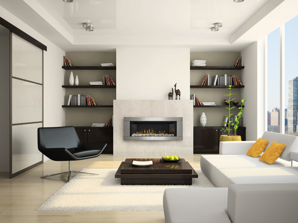 Photo of a large modern formal enclosed living room in Other with white walls, light hardwood floors, a ribbon fireplace, a metal fireplace surround, no tv and beige floor.