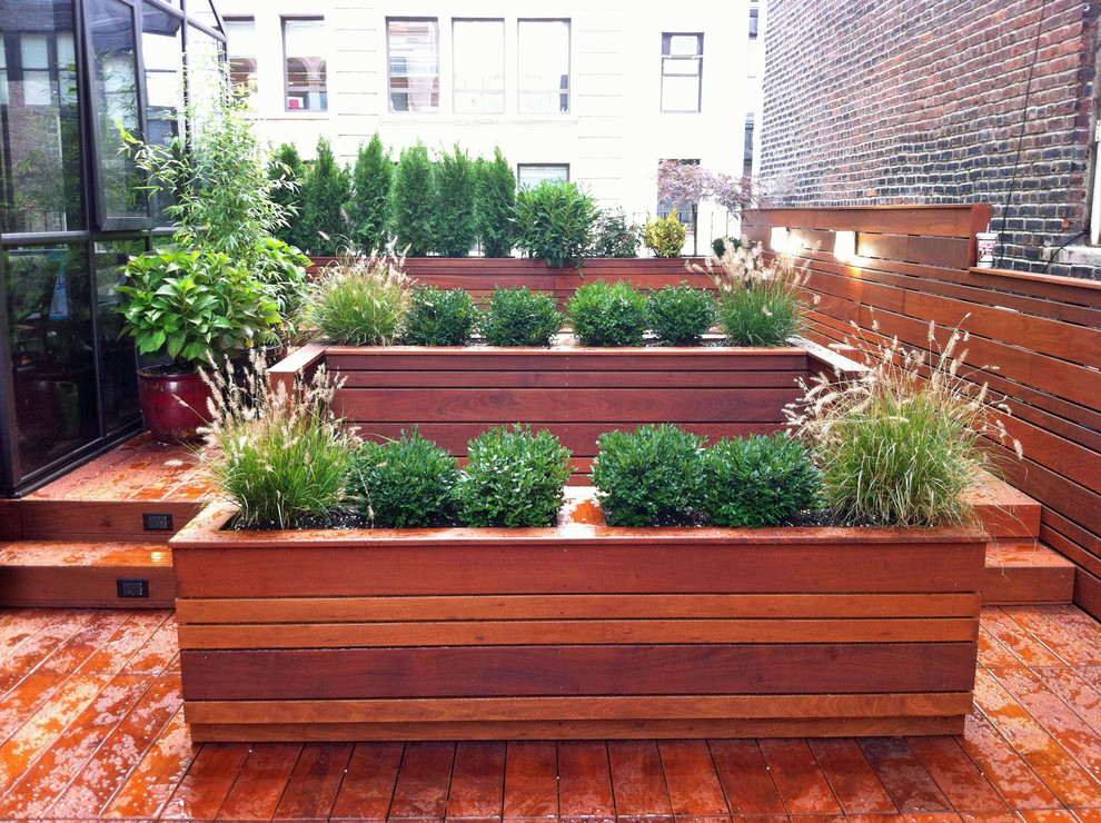 NYC Roof Garden Terrace Deck, Wood Planter Boxes, Fence, Container
