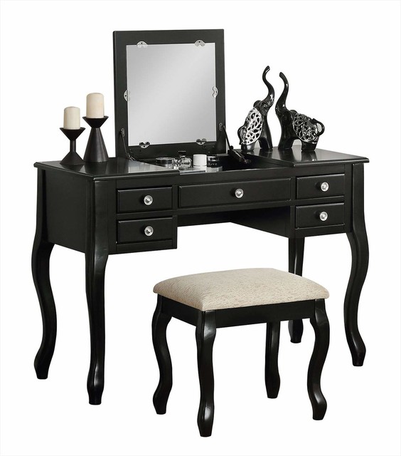 Vanity Table Set Flip Up Mirror 4 Small Drawers And Cushioned Stool Black