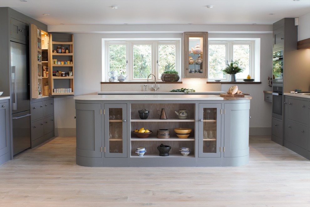 Design ideas for a mid-sized transitional u-shaped open plan kitchen in Other with shaker cabinets, grey cabinets, stainless steel appliances, with island, marble benchtops and marble splashback.