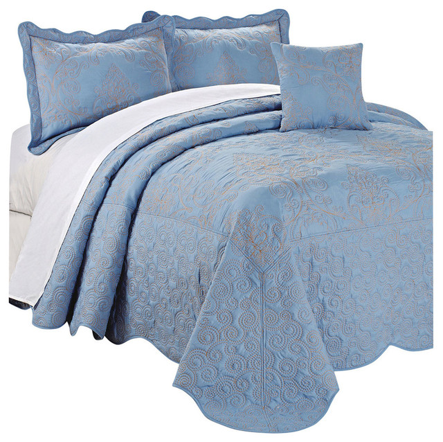 Damask Embroidered Quilted 4 Piece Bed Spread Sets Mediterranean