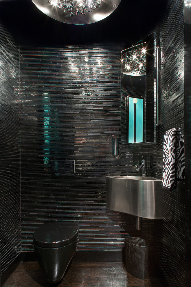 Contemporary powder room in Baltimore with a wall-mount sink, black tile and matchstick tile.