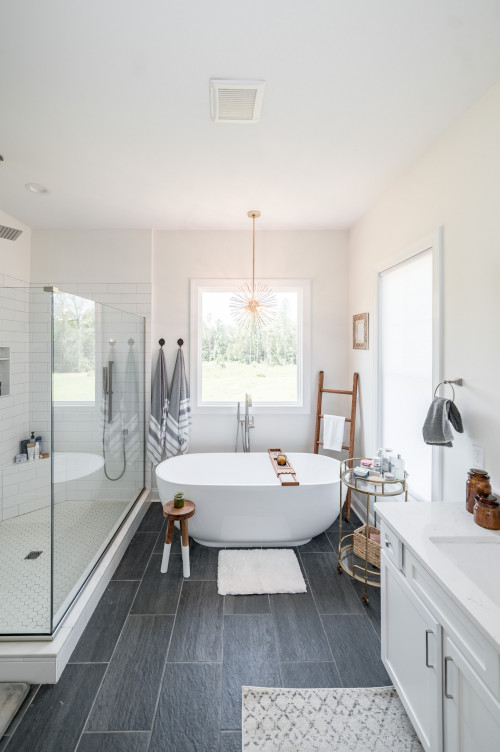 Elegant White Bathroom with a Gray Floor and Starburst Chandelier in a Gray White Bathroom Setting