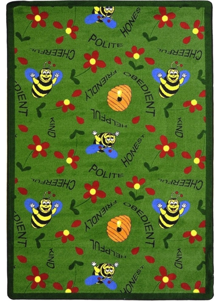 Joy Carpets Kid Essentials, Early Childhood Bee Attitudes Rug, Green, 7'8"X10'9"