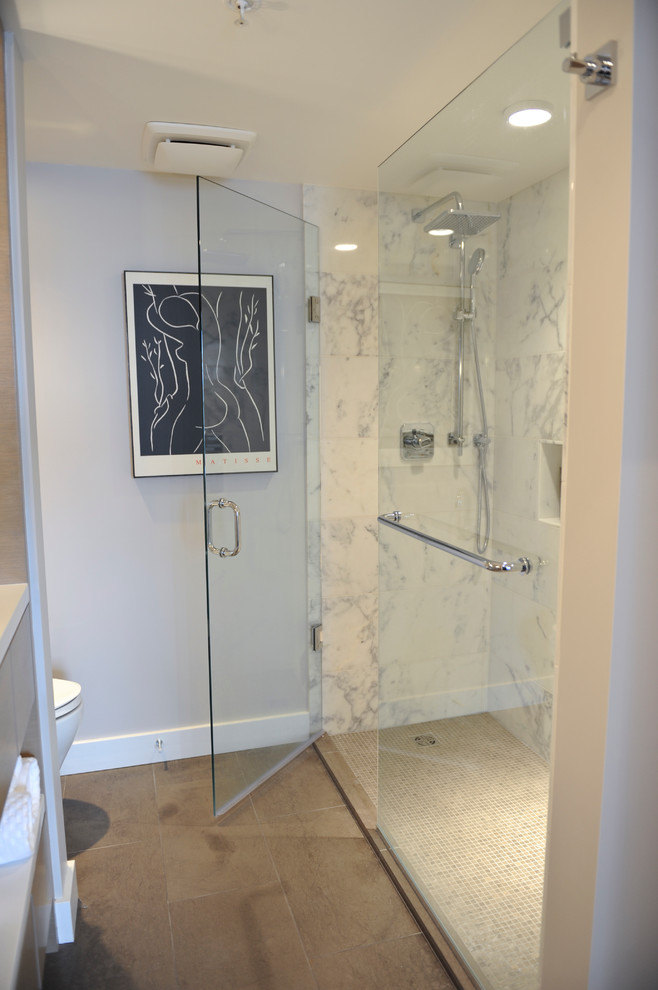 Inspiration for a mid-sized contemporary 3/4 bathroom in Vancouver with open cabinets, light wood cabinets, an alcove shower, a one-piece toilet, white tile, stone tile, grey walls, porcelain floors, an undermount sink and engineered quartz benchtops.