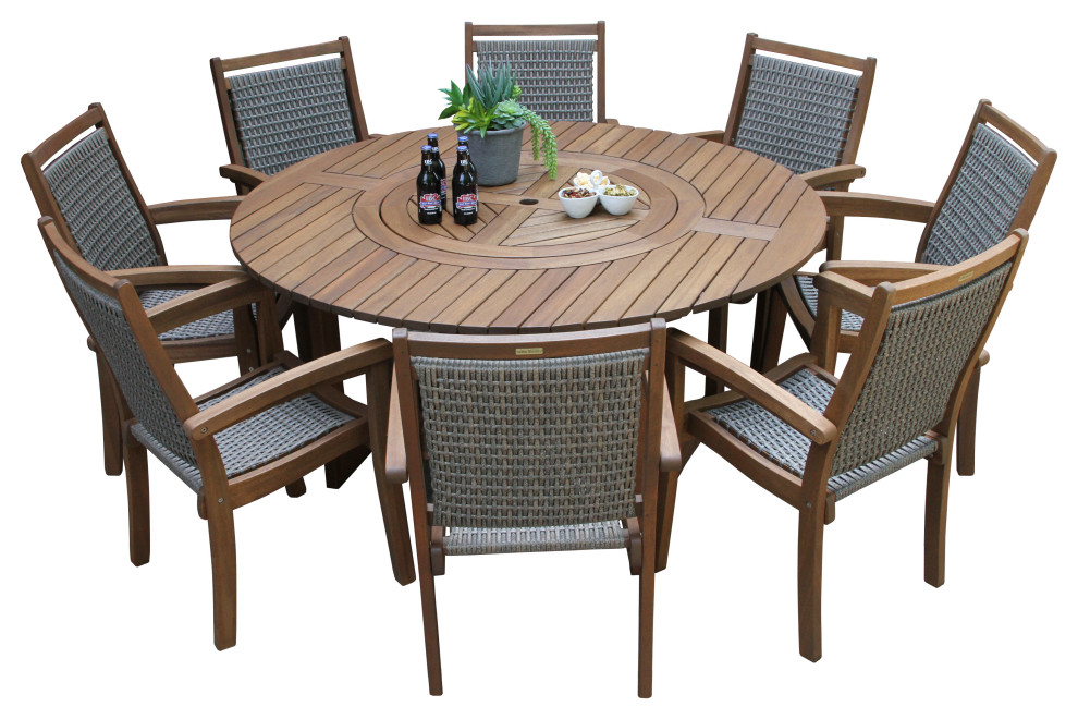 9 Piece Eucalyptus Round Lazy Susan, Large Round Outdoor Table For 8