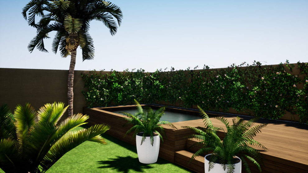 Foto de piscina elevada moderna pequeña rectangular en patio trasero con paisajismo de piscina y entablado
