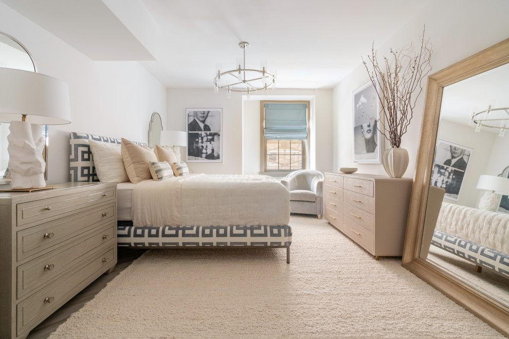 Inspiration for a mid-sized transitional master vinyl floor and beige floor bedroom remodel in Philadelphia with white walls