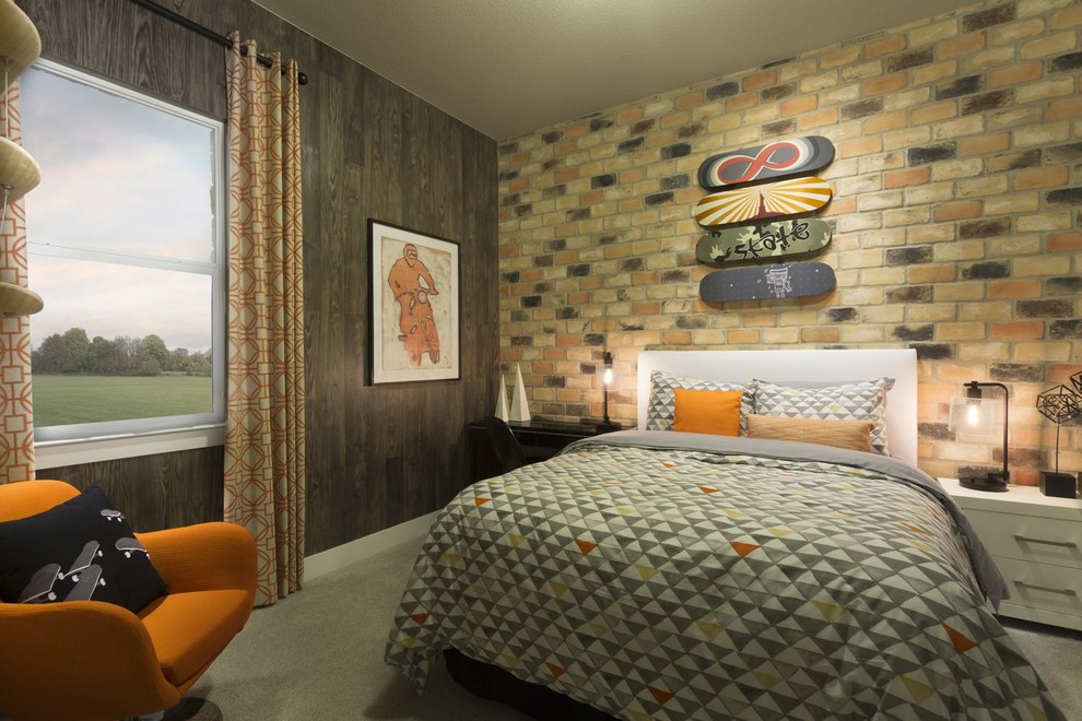 This is an example of a mid-sized transitional kids' room for boys in Austin with brown walls and carpet.