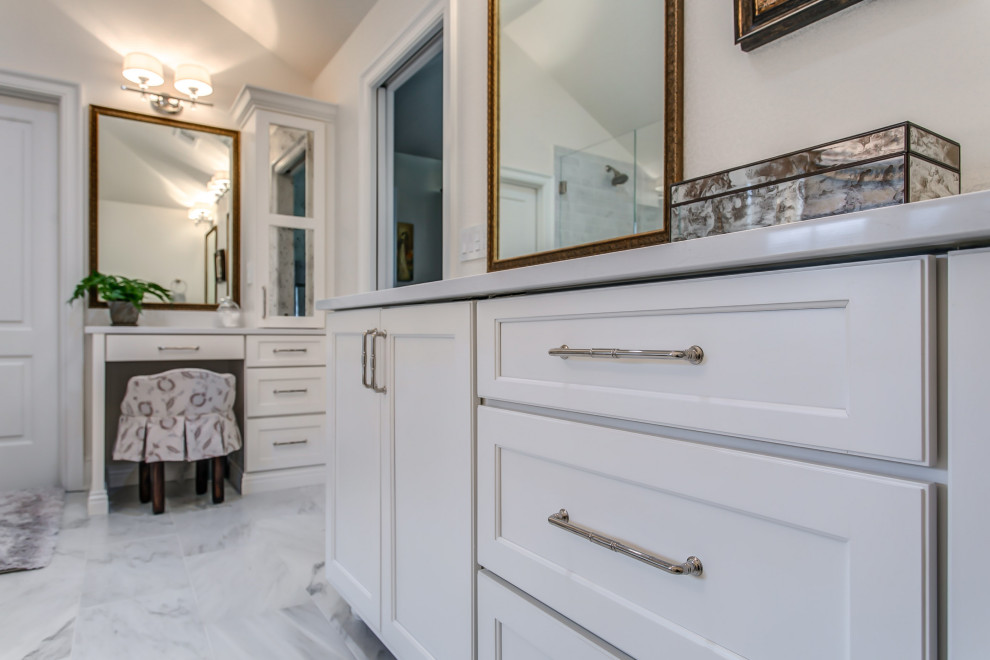 Design ideas for a traditional master bathroom in Nashville with open cabinets, white cabinets, brown floor and a double vanity.