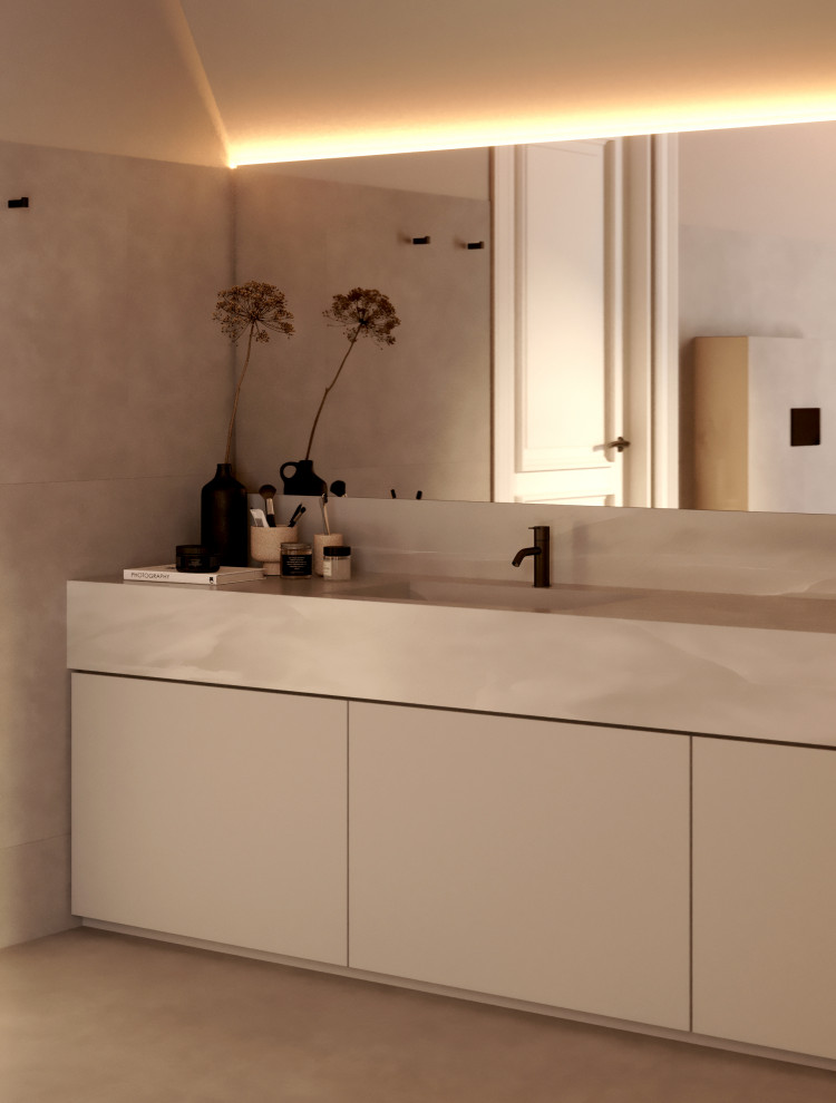 Large modern ensuite bathroom in London with flat-panel cabinets, white cabinets, a freestanding bath, a wall mounted toilet, grey tiles, stone slabs, white walls, marble flooring, an integrated sink, marble worktops, white floors, white worktops, double sinks, a built in vanity unit and a drop ceiling.