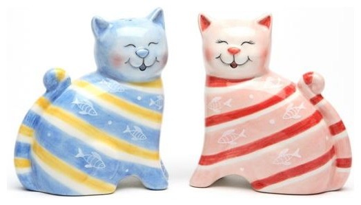 3 1/8 Inch Blue and Pink Striped Cat Salt and Pepper Shaker Set