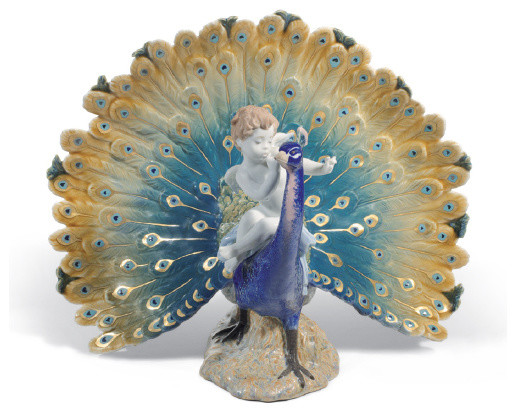 Lladro Cherub On A Peacock Figurine