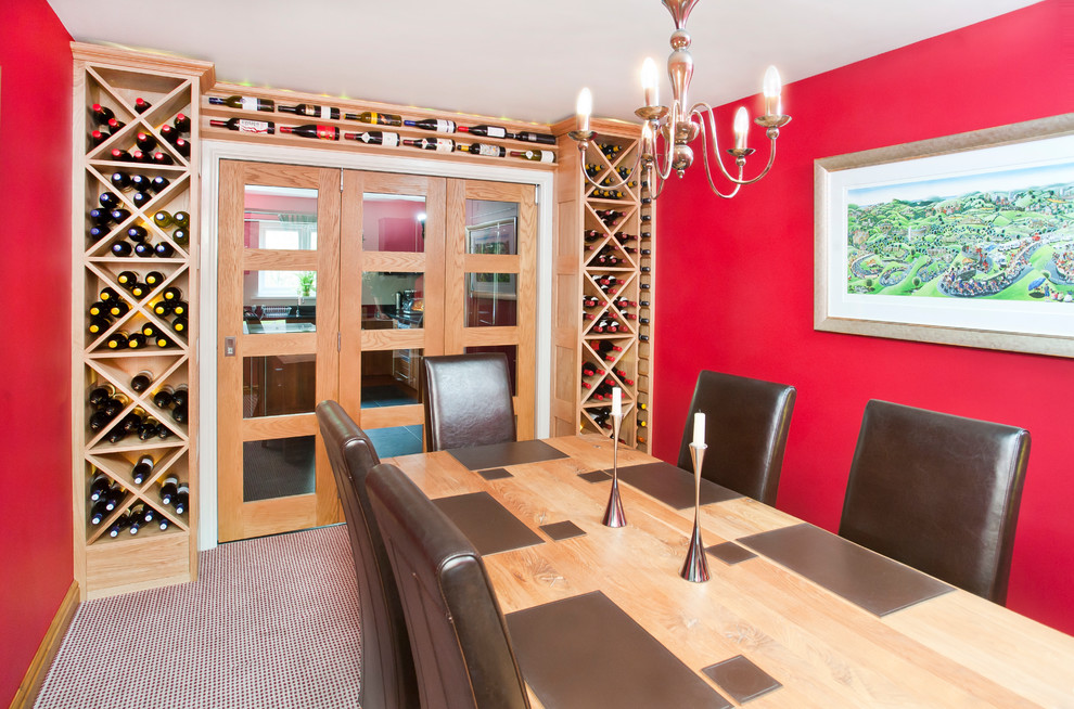 Mid-sized traditional wine cellar in Other with storage racks, carpet and red floor.