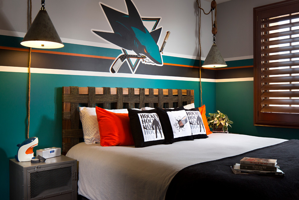 Photo of a mid-sized contemporary kids' room for boys in San Diego with multi-coloured walls.