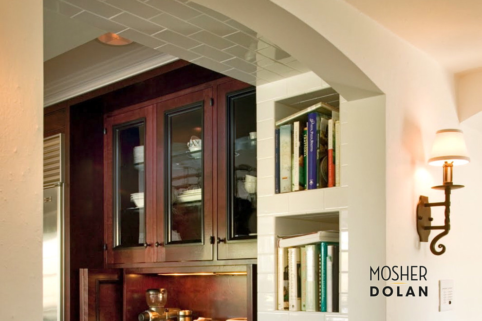 Transitional enclosed kitchen photo in Detroit with open cabinets and medium tone wood cabinets