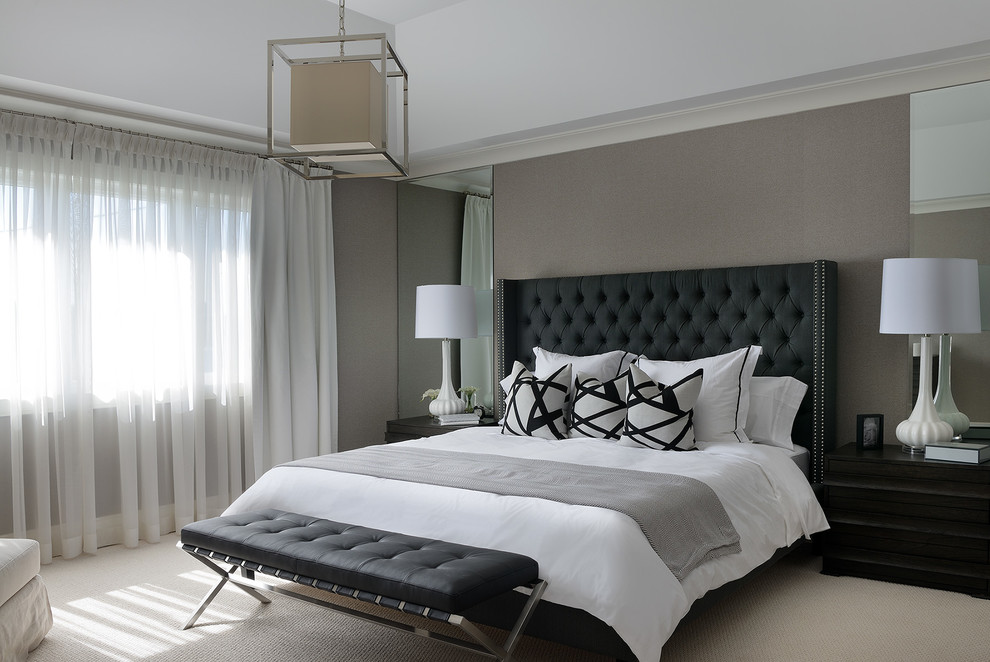 Inspiration for a transitional bedroom in Toronto with grey walls, carpet and no fireplace.