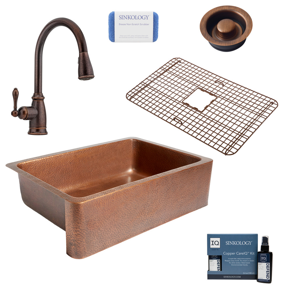 Adams 33" Farmhouse Copper Single Kitchen Sink, Canton Faucet and Disposal Drain