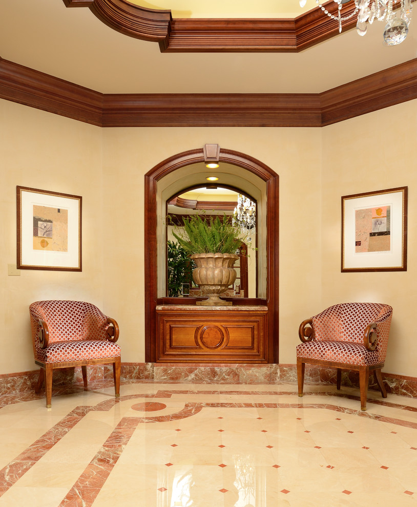 Inspiration for a large transitional marble floor double front door remodel in Miami with beige walls and a dark wood front door