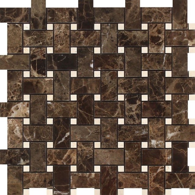 12 X12 Emperador Dark Polished Marble Basketweave C Marfil Dots Emperador Dark Polished Marble Basketweave Mosaic Tile C Marfil Dots Sample