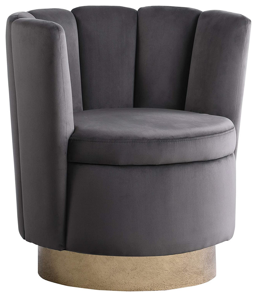 Contemporary Accent Chair, Gold Base & Grey Velvet Seat With Ribbed