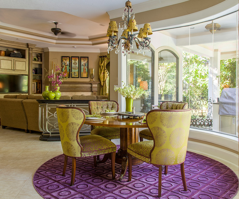 This is an example of a large eclectic dining room in Other with beige walls and porcelain floors.