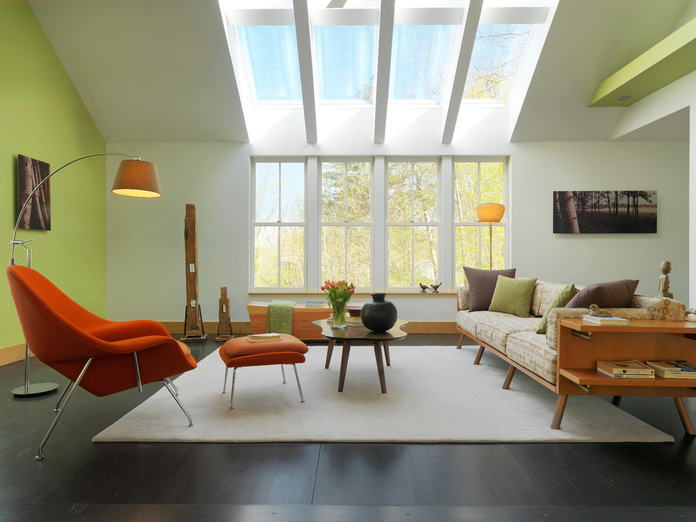 Trendy loft-style dark wood floor living room photo in Burlington with green walls and no fireplace