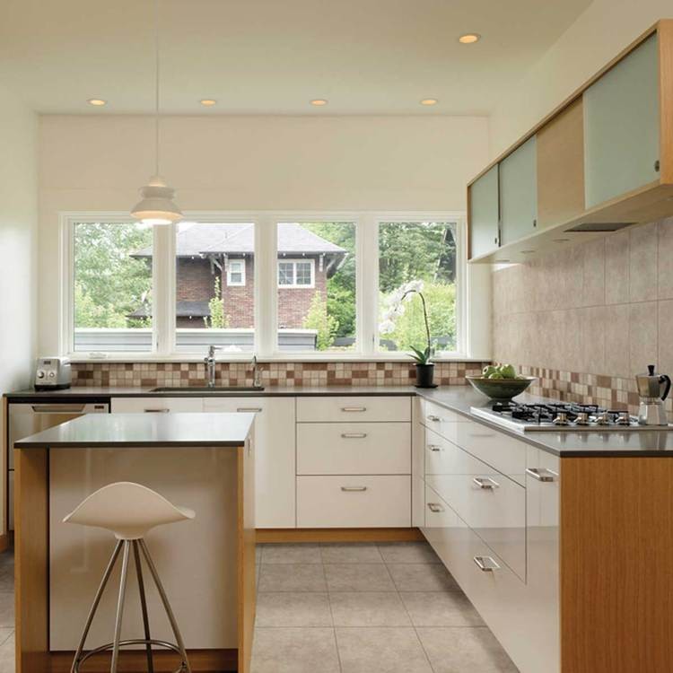 Inspiration for a small transitional l-shaped ceramic tile kitchen remodel in Raleigh with an undermount sink, flat-panel cabinets, white cabinets, quartz countertops, multicolored backsplash, terra-cotta backsplash, stainless steel appliances and an island