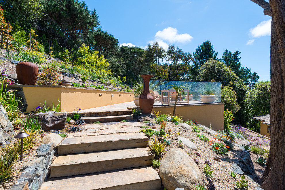 Inspiration for a large mediterranean backyard full sun xeriscape in San Francisco with a fire feature and natural stone pavers.