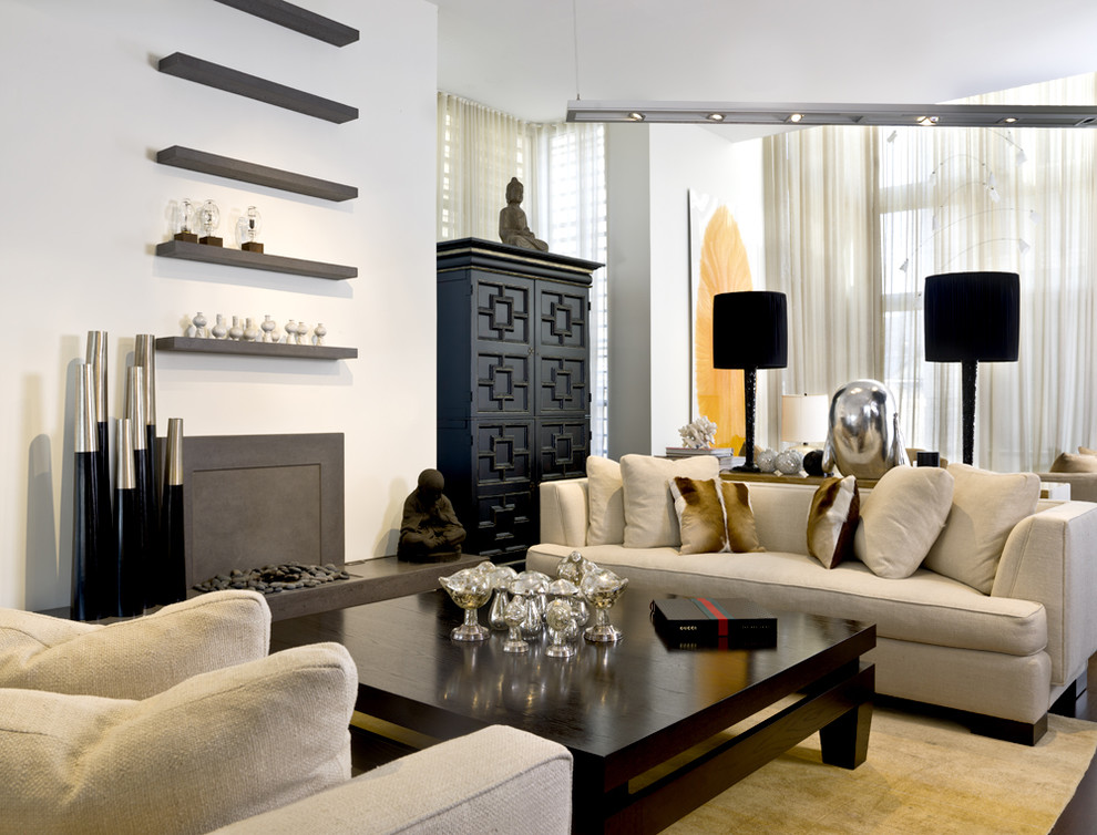 Inspiration for a contemporary living room in Chicago with white walls.