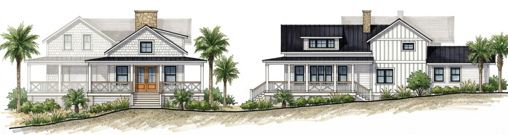 Small transitional white two-story mixed siding and board and batten gable roof photo with a metal roof and a black roof