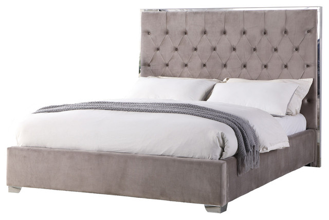 Kressa Velour Upholstered Platform Tufted Bed, Light Gray, California King