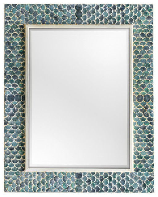 Luxe Large Aqua Blue Coastal Mosaic Wall Mirror Vanity Scales Green Tropical