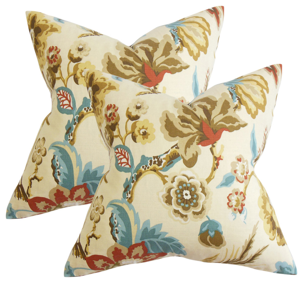 Chaya Floral Throw Pillows Natural Set Of 2 Contemporary