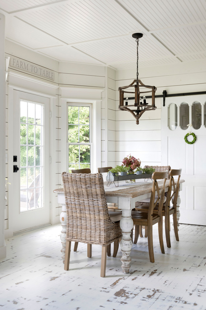 Design ideas for a country kitchen/dining combo in Minneapolis with white walls, painted wood floors and white floor.