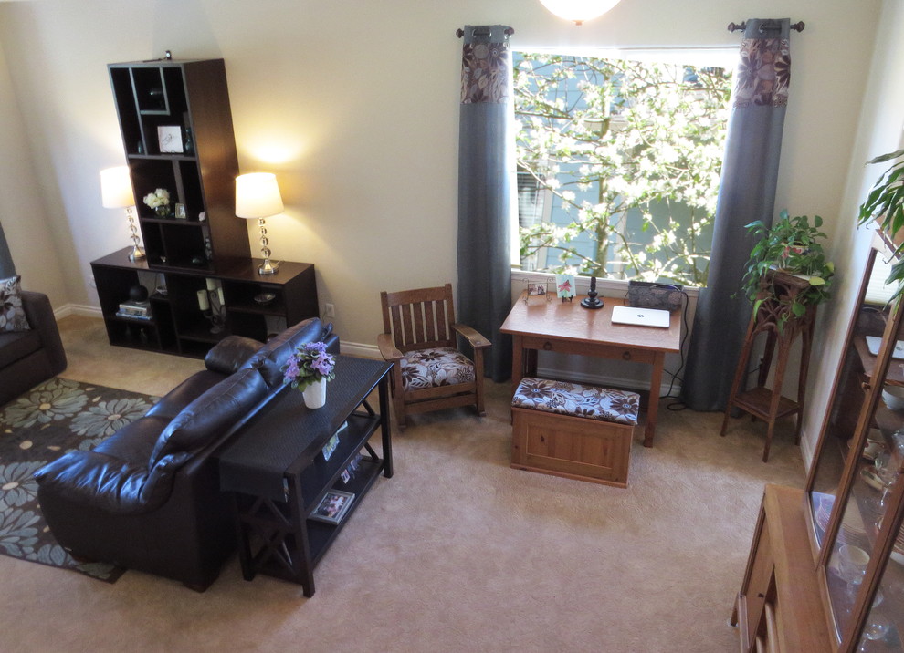 Living room - mid-sized transitional open concept carpeted living room idea with gray walls