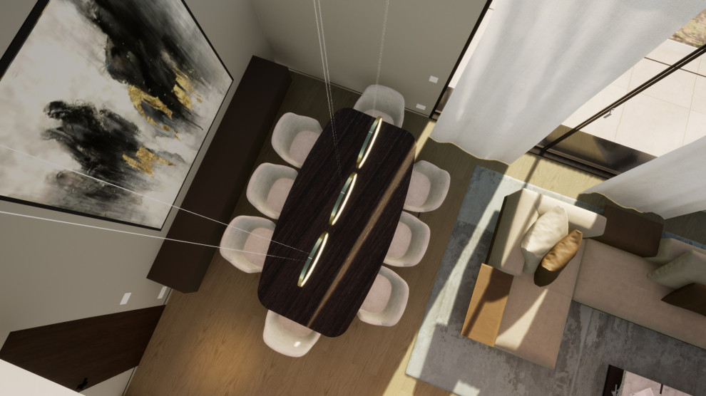 Idee per un ampio soggiorno minimal aperto con pareti bianche, pavimento in legno massello medio e TV a parete