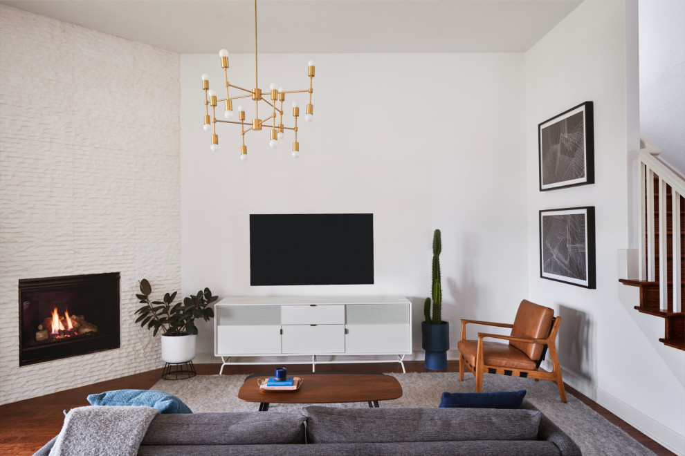 Mittelgroßes, Repräsentatives, Abgetrenntes Modernes Wohnzimmer mit weißer Wandfarbe, braunem Holzboden, Kamin, Kaminumrandung aus Metall und TV-Wand in Austin