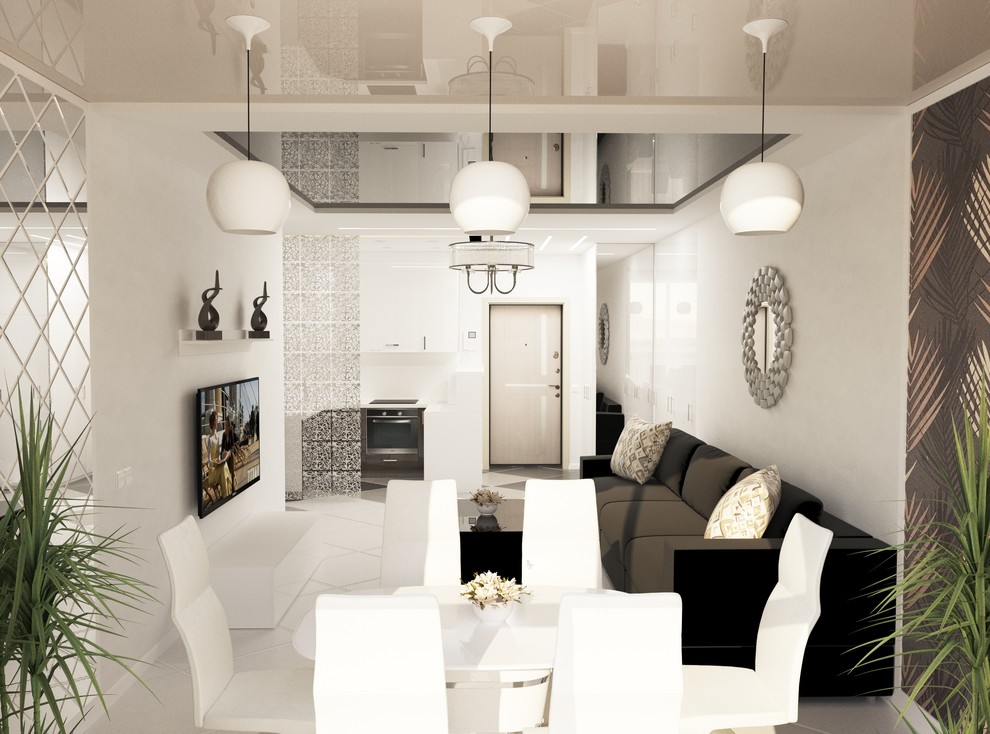 Дизайн гостиной комнаты совмещенной с холлом и кухней