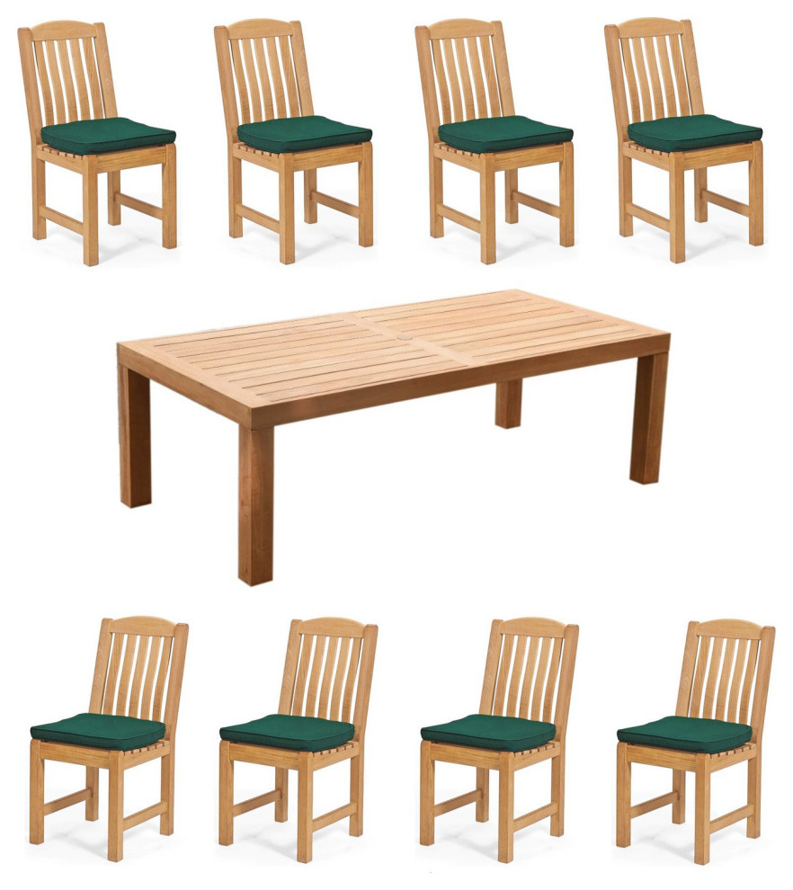 9Piece Outdoor Teak Dining Set 86" Rectangle Table, 8 Devon Armless