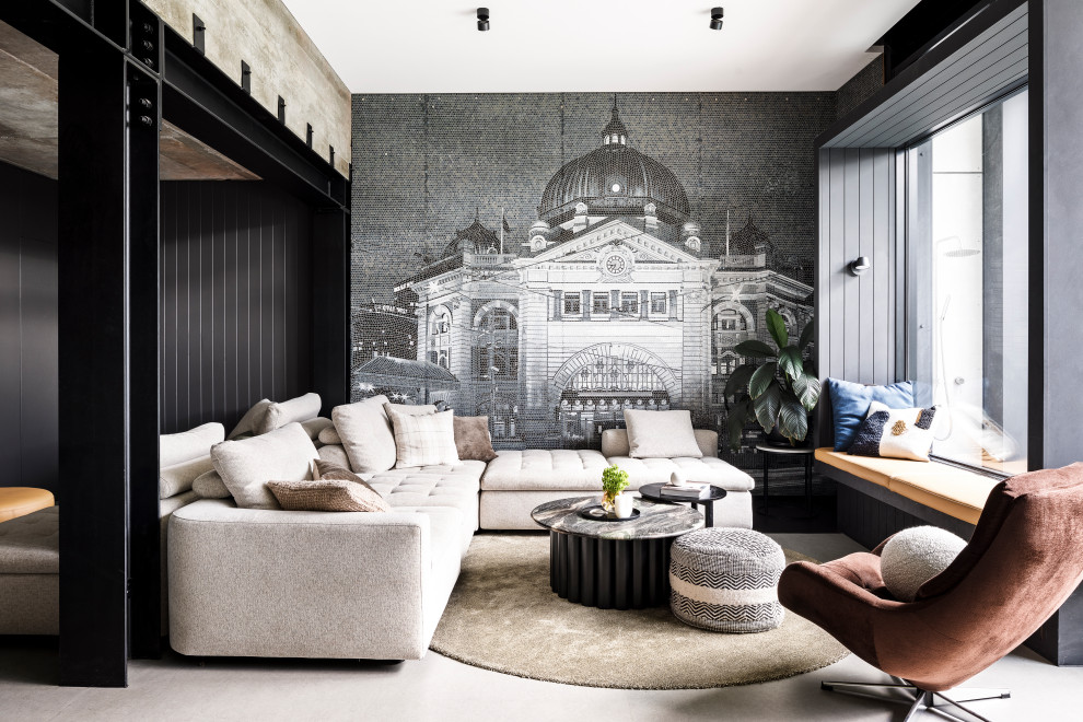 Design ideas for an industrial living room in Melbourne.