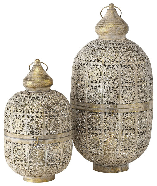 2 Piece Moroccan Metal Lacy Lattice Lantern Set